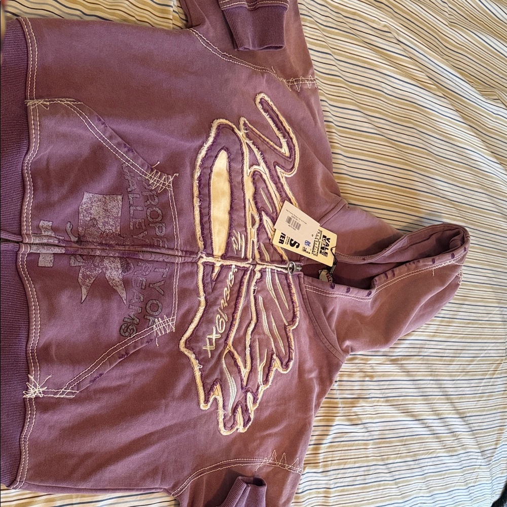 Men's Zip-Up Hoodie in Plum with Wing Appliqué